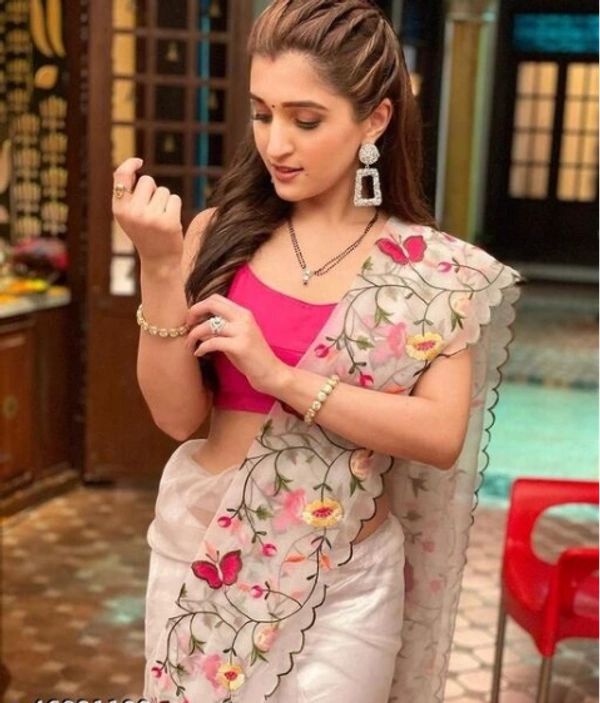 MYRA White Embroidered Organza Sarees With Banarsi Silk Fabric Blouse - Free Size, White, Organza, Pack of1